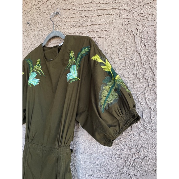 ZARA Army Green Puff Sleeve Blue Tropical Floral Embroidered Open Back Romper - Picture 12 of 12
